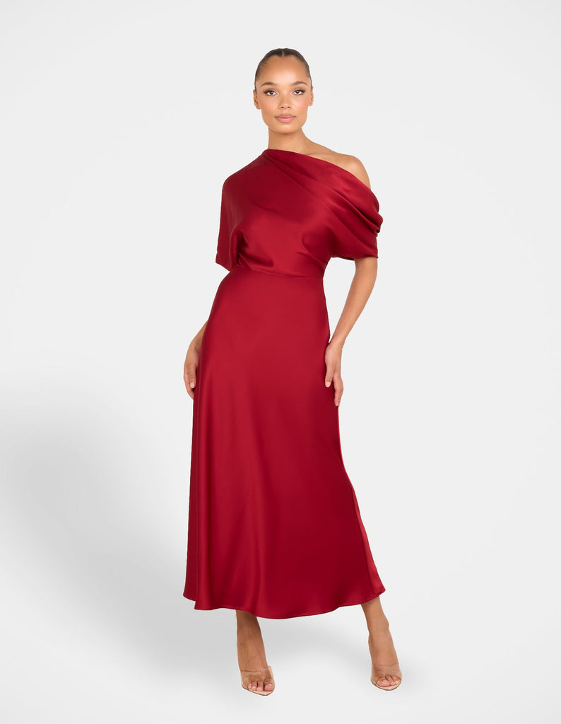 red pilgrim dress Pilgrim Clothing | The Ita Strapless Midi Dress pairs lightweight texture with a corset-inspired bodice, available in Burgundy and Black