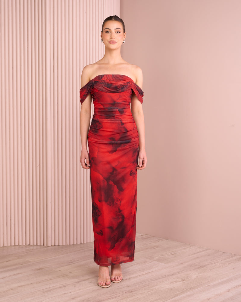 Aubree Ruched Mesh Midi Dress