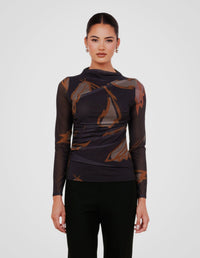 Mae Gathered Printed Mesh Top