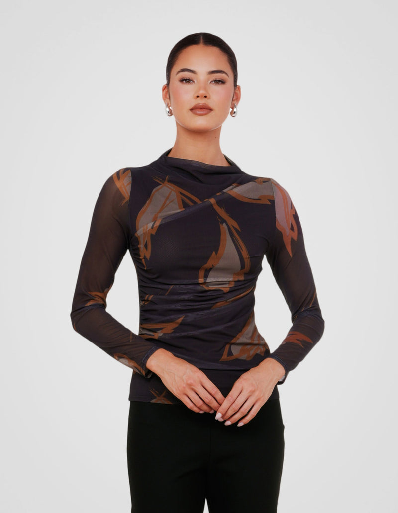 Mae Gathered Printed Mesh Top