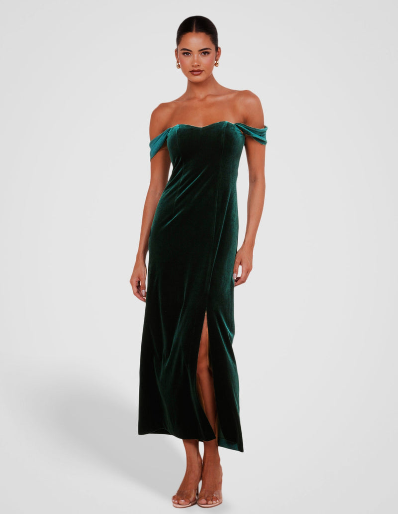 Olive Off Shoulder Velvet Gown